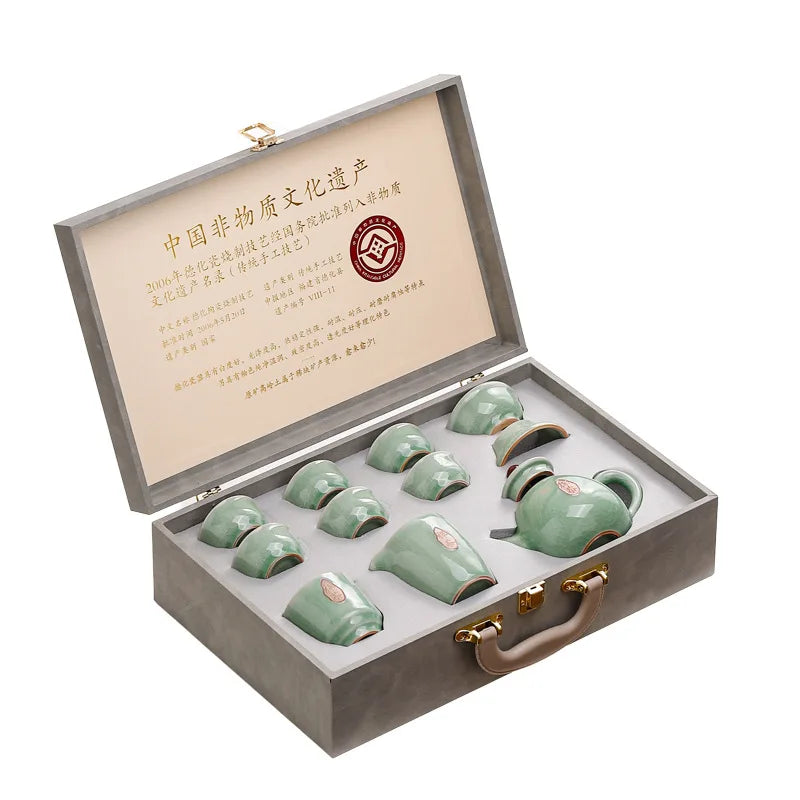 Elegant celadon Kung Fu tea set with ice-crack glaze, perfect for tea lovers and gifting.