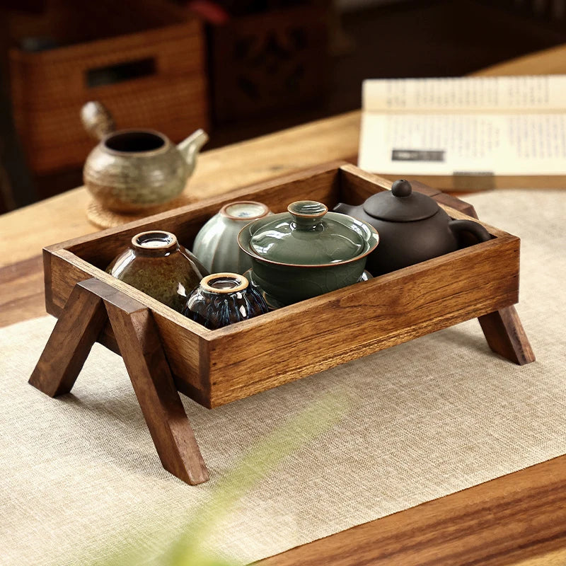 Solid Wood Tea Brewing Tray Chinese Style Tea Cup Coaster Teakwood Vintage Serving Plate with Drainage Tea Set Accessories