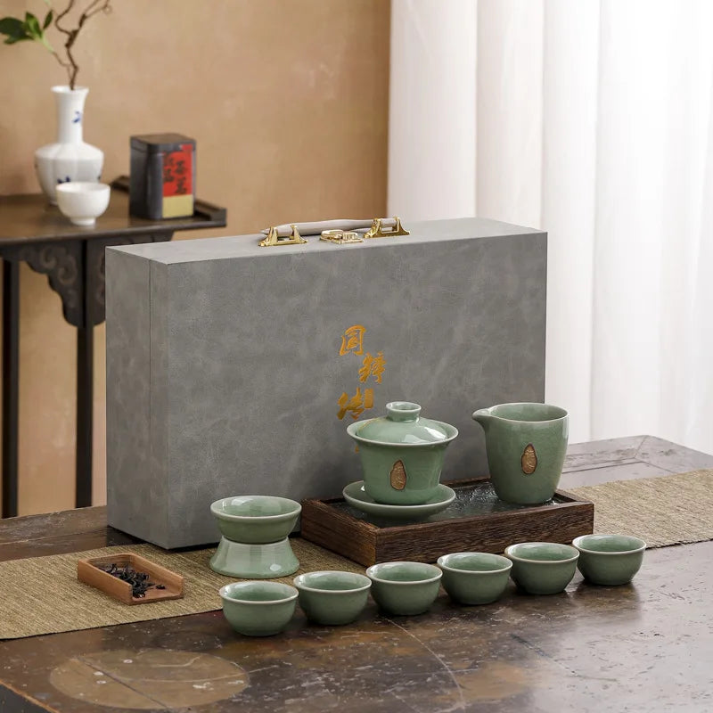 Elegant celadon Kung Fu tea set with ice-crack glaze, perfect for tea lovers and gifting.