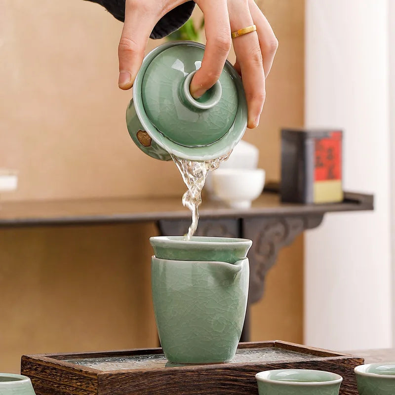 Elegant celadon Kung Fu tea set with ice-crack glaze, perfect for tea lovers and gifting.