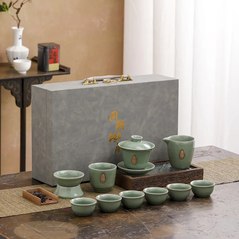 Elegant celadon Kung Fu tea set with ice-crack glaze, perfect for tea lovers and gifting.