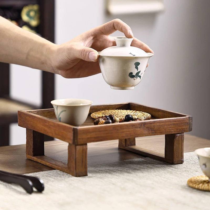Solid Wood Tea Brewing Tray Chinese Style Tea Cup Coaster Teakwood Vintage Serving Plate with Drainage Tea Set Accessories