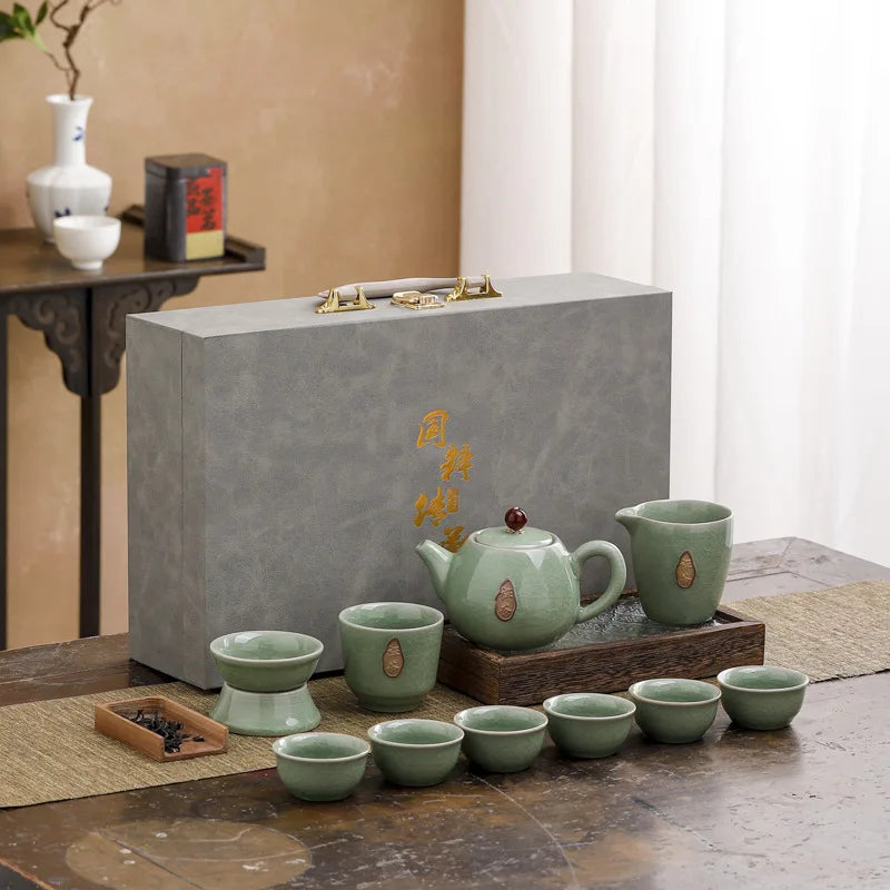 Elegant celadon Kung Fu tea set with ice-crack glaze, perfect for tea lovers and gifting.
