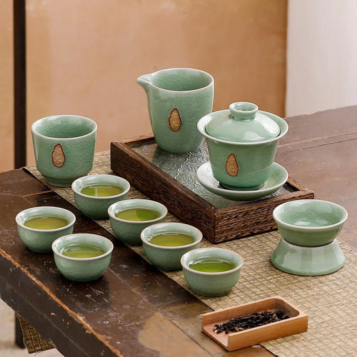 Elegant celadon Kung Fu tea set with ice-crack glaze, perfect for tea lovers and gifting.